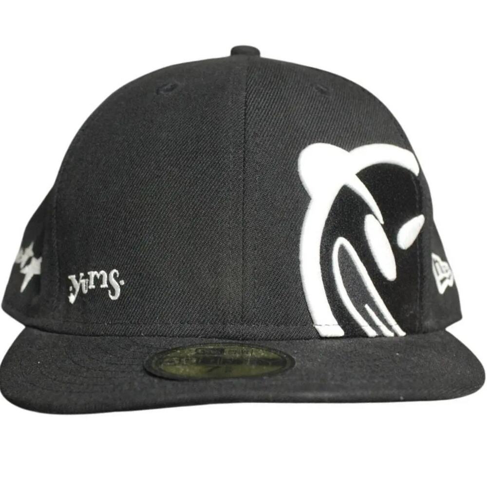 Yums Fitted Hat Size 7 5/8 Black Smiley Face Logo Streetwear New Era Style Cap‎